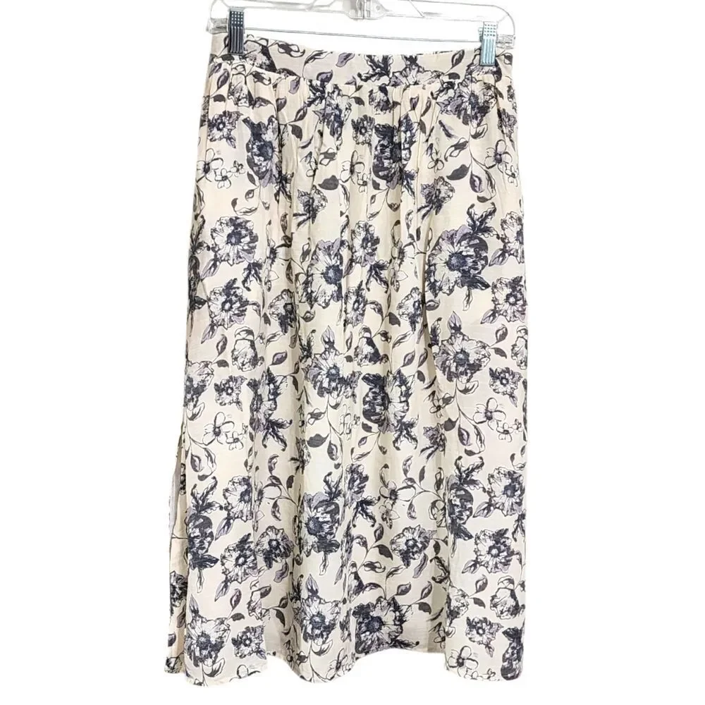 Versona Maxi Skirt Cream & Gray Floral Pull On Cottagecore Country